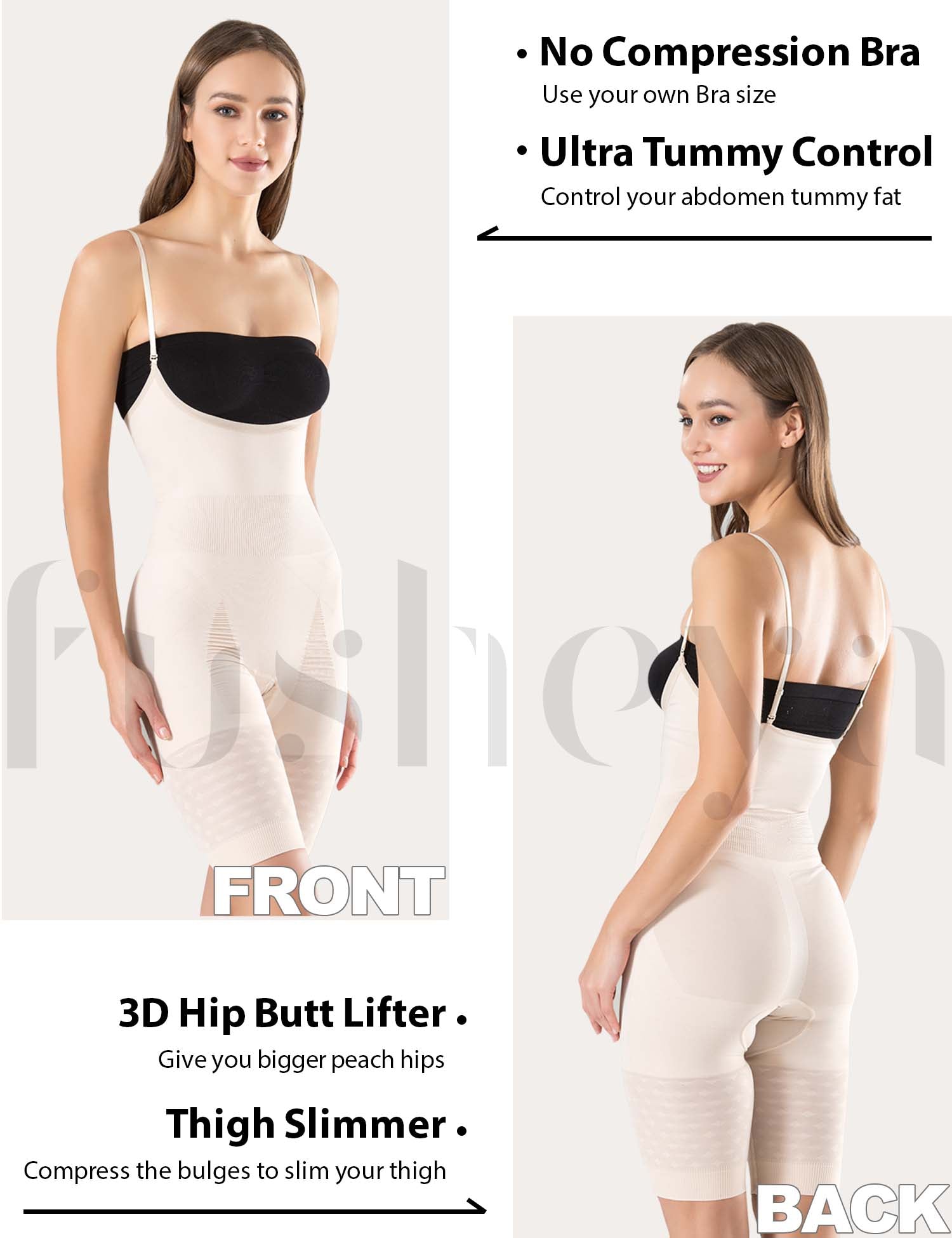 Full Body Shaper Bodysuit Seamless Shapewear for Women front and back